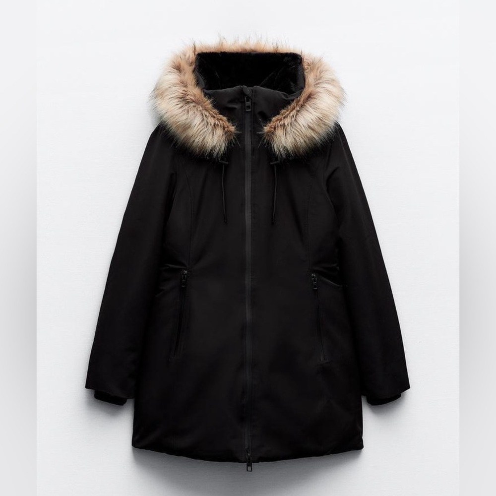 ZARA Heavyweight Hooded Black Parka with detachable fur accent